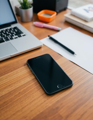A black smartphone rests on a wooden desk