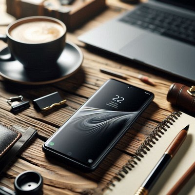 A black smartphone rests on a wooden desk