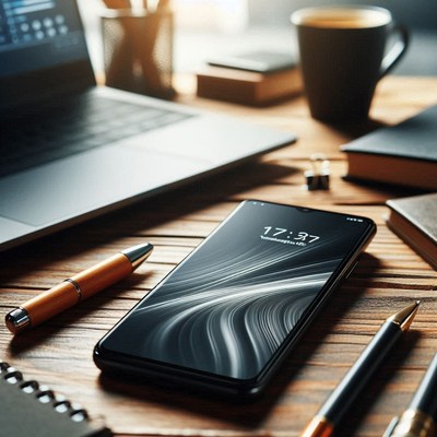 Smartphone on desk with laptop