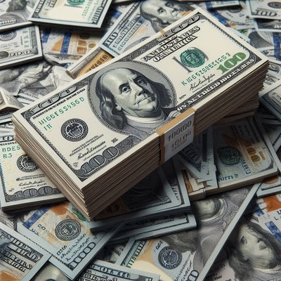 A stack of hundred dollar bills sits on a pile of cash