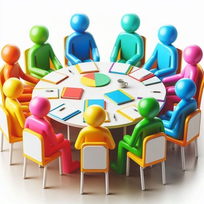 Colorful figures meet around a table
