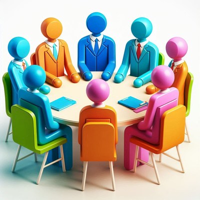 Colorful figures sit around a table