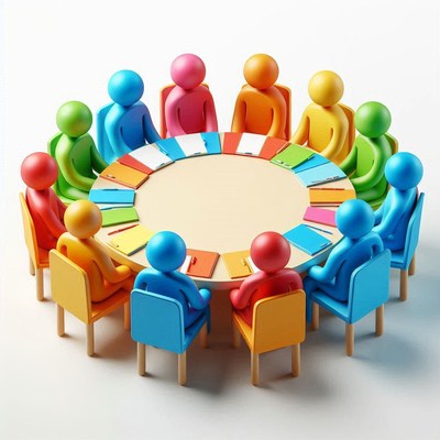 Colorful figures sit around a table