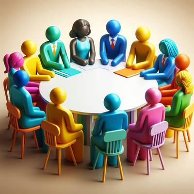 Colorful figures sit around a table