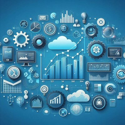 A cloud computing illustration with increasing graphs