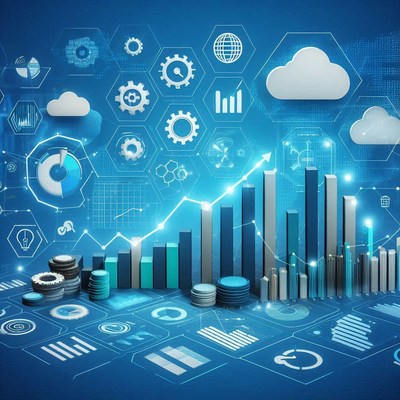 A blue background with bar graphs showing business growth