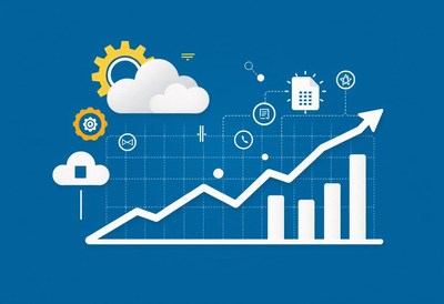 A chart shows upward growth in a blue background