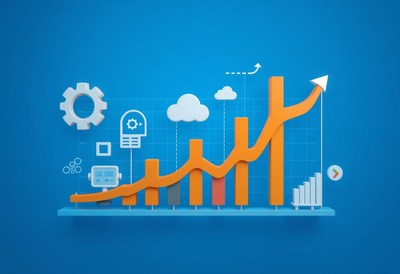 An orange line graph shows growth against a blue background