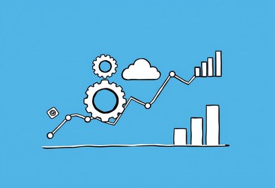 Progress illustration: gears, cloud, line graph