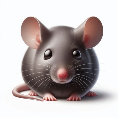 A gray mouse sits on a white background