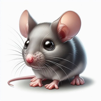 A cute, gray mouse sits on a white background
