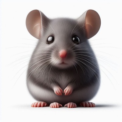 A cute gray mouse sits on a white background