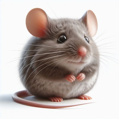 A cute gray mouse sits on a white surface