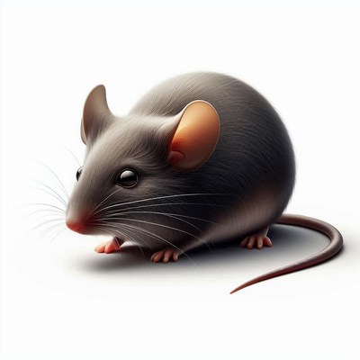 A gray house mouse sits on a white background