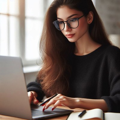 A woman is working on her laptop