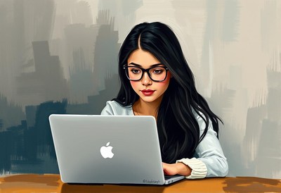 A woman in glasses uses a laptop at a desk
