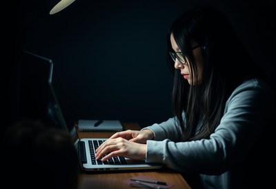 A woman is typing on a laptop in a dark room