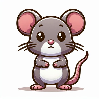 A cute cartoon mouse stands on a white background