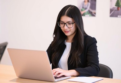 A woman in a blazer works on a laptop