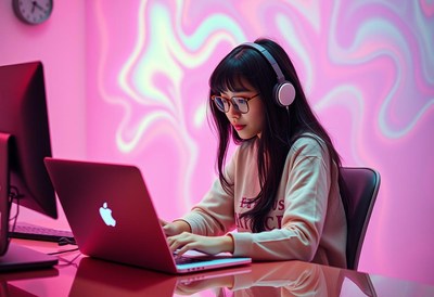 A woman works on her laptop in a pink room