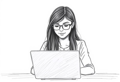 A woman uses a laptop at a desk