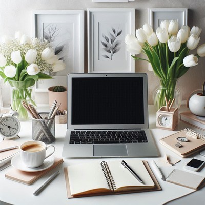 Open laptop on a white desk with coffee and notebook