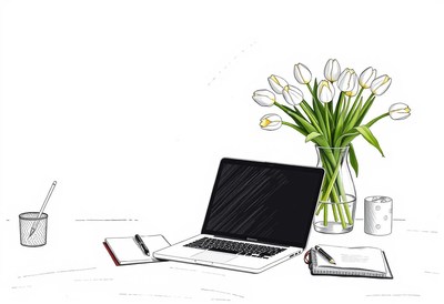 A laptop, a notebook, and a vase of tulips on a table