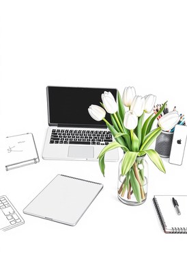 A simple workspace with a laptop and white tulips