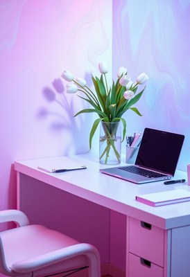 A white desk with a laptop and flowers under pink lights