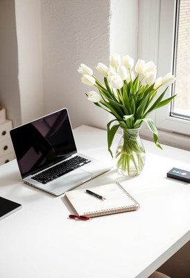 Laptop, notebook, pen, and tulips on a desk