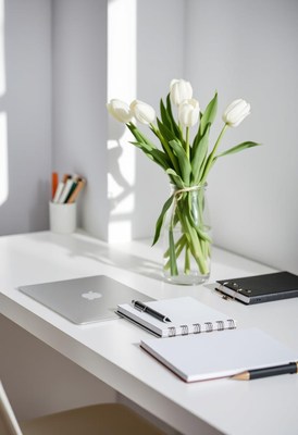 White tulips on a desk near a laptop