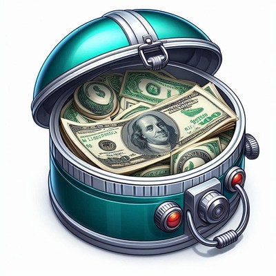 A teal money box filled with cash