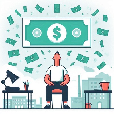 A man sits at a desk, dreaming of money