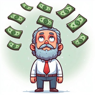 A man is looking up at money falling from the sky