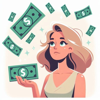 A woman is smiling and holding a dollar bill