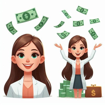 A happy woman in a white coat is surrounded by money