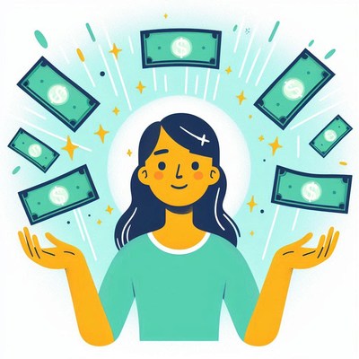 A woman smiles as money falls around her