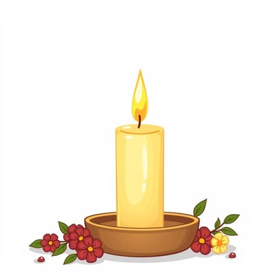 A yellow candle is lit in a brown holder