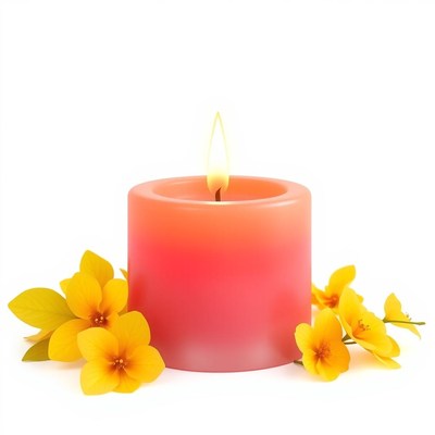 A pink candle burns brightly surrounded by yellow flowers