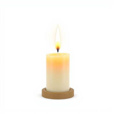 A yellow candle burns on a wooden base