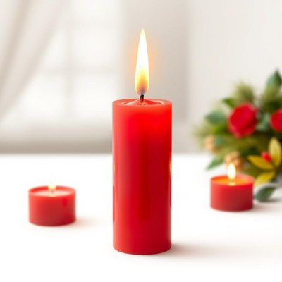 A red candle burns brightly on a white surface