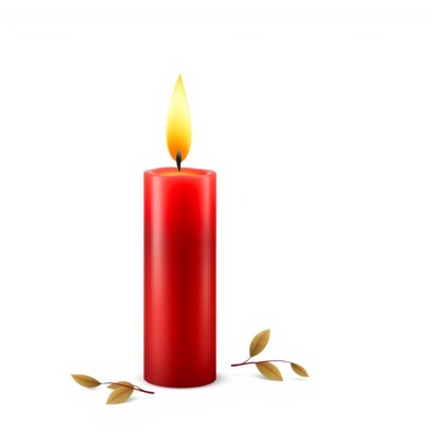 A red candle with a flame burns brightly
