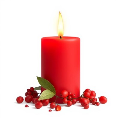A red candle with a flame burns next to red berries