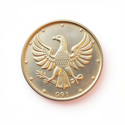 A gold coin with an eagle design
