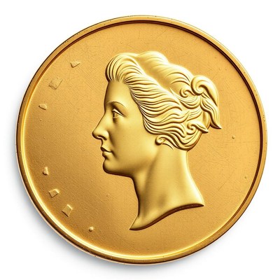 A gold coin with a woman's profile