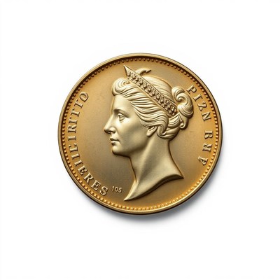 A gold coin with a woman's profile on it