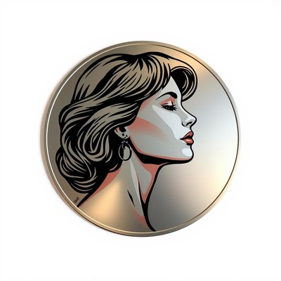 A silver coin with a woman's face on it