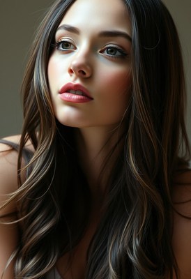 A woman with dark hair gazes thoughtfully