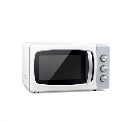 A white microwave oven sits on a white background