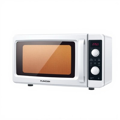 A white microwave with a digital display